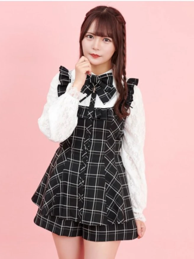 

Japanese Style SC Outfits Plaid Lace Long Sleeve Mine Style Autumn Fashion Sweet Vintage Shirt Shorts Lolita Girly Two-Piece Set