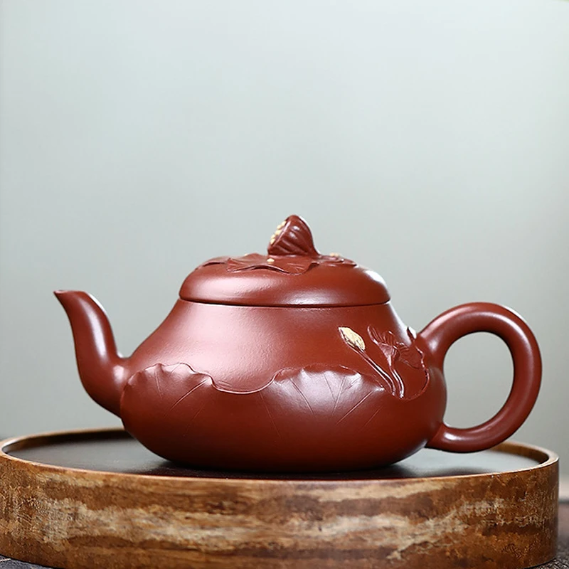 Chinese Style Lotus leaf shape Teapot, Purple Clay Raw ore Dahongpao, Kung Fu Household, Pure Handmade, 200ML, Tea Pots, 1Pc