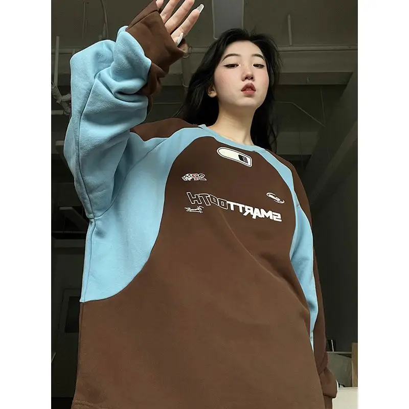 

American retro cotton sweatshirt hip hop splicing loose oversize racing sweatshirt for women in autumn and winter sweatshirt