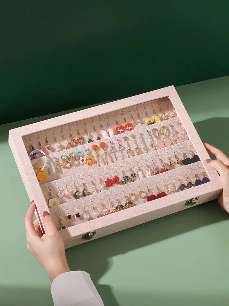 Velvet Clear Lid Earring Box Organizer Storage 32 Pairs Earrings Stud Tray Showcase Display Case