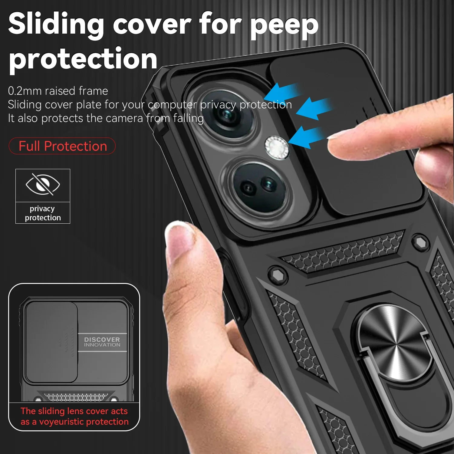 Armor Shockproof Phone Case with Metal Ring Holder and Slide Camera Lens Protector