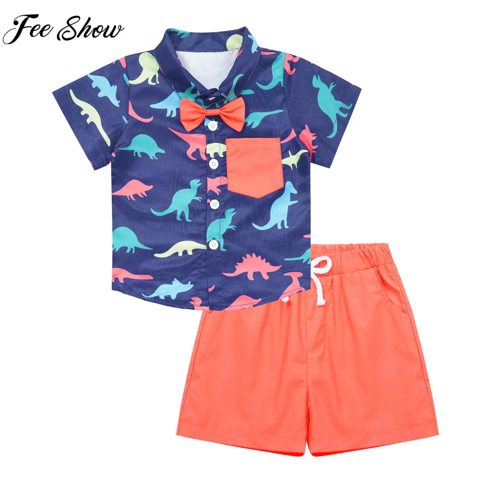 

Baby Boy Casual Preppy Style Costume Short Sleeve Bow Tie Cartoon Print Lapel T-shirt with Shorts for School Baptism Daily Wear