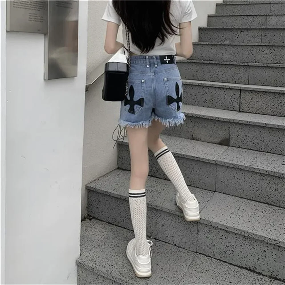 Hip Hop Blue Bandage Tassel Trend Shorts Y2k Female Black Fringe Denim Jeans Women Students Sweet Cool Dark Gothic Streetwear