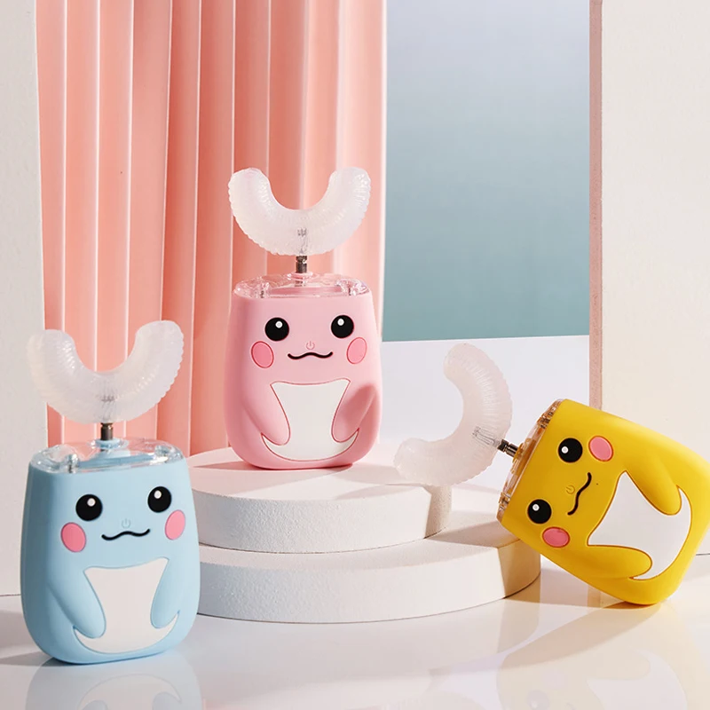 어린이를위한 전동 칫솔 어린이 자동 USB 충전 U 자형 실리콘 360도 지능형 충전식 칫솔