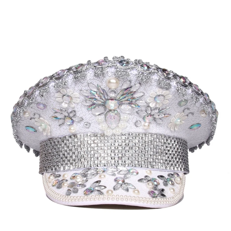 

Bejeweled Хрустальная Шляпа капитана Женщины Мужчины сверкающие бриллианты шипованные блестками жемчуг берет Сейлор шляпа для музыкального фестиваля фотореквизит