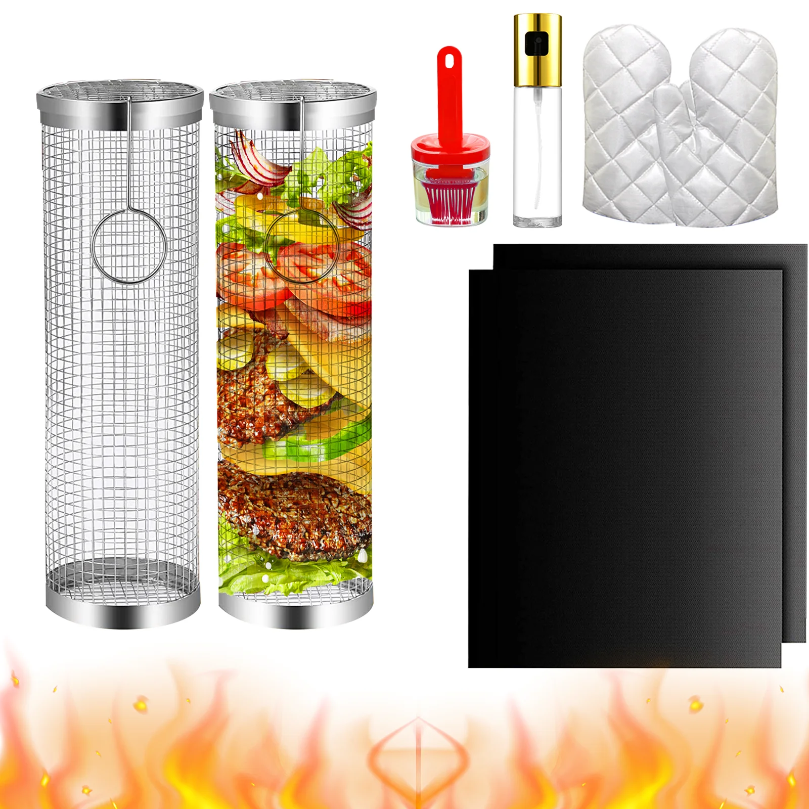 BBQ Rolling Basket – Rolling Grilling Baskets for Outdoor Grilling - Stainless Steel BBQ Grill Basket - BBQ Accessories for Outd