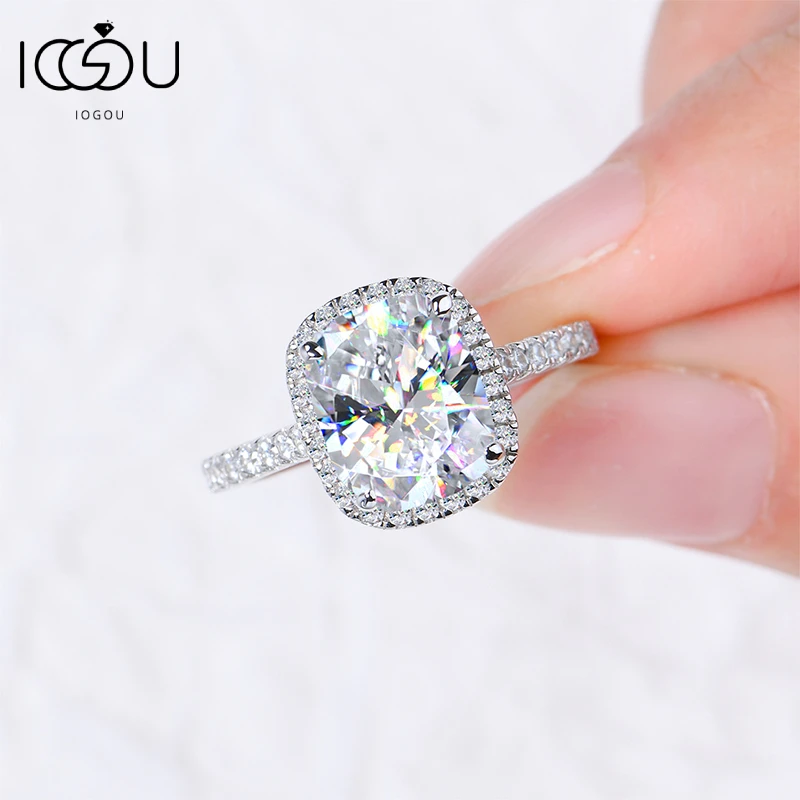IOGOU Luxury 4ct Moissanite Halo Engagement Ring With GRA Cushion Cut Diamond Wedding Rings 925 Sterling Sliver Wedding Jewelry 2