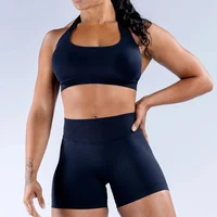 Shorts Set 2 Pieces Seamless Yoga Set Workout Tracksuit Women Halter Sport Bra And Low Waist Scrunch Bum Gym Shorts Suits - Image 4