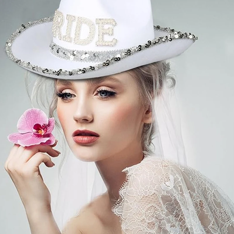Funny Cowboy Cowgirl Bride Hat with Mesh Veil Rhinestones Bride Letter Wide Brim Hat Bachelorette Wedding Party Props