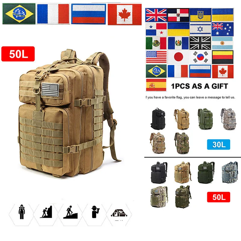 

Tactical Knapsack Hiking Camping Bag Sports Trekking Climbing Bag 30L/50L Men's Army Tactical Backpack with Flag Patch