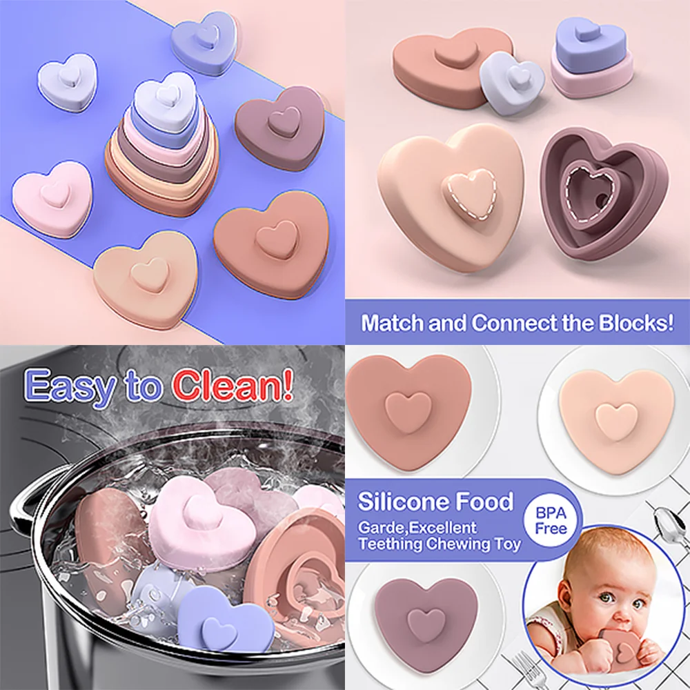 TYRY.HU 6pcs Baby Silicone Building Block Infant Montessori Cartoon Heart Shaped Stacking Soft Block Kids Silicone Teething Toys