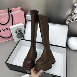 Women's Elegant Winter High Boots with Back Zipper and Platform Flats - 38 (Brown)