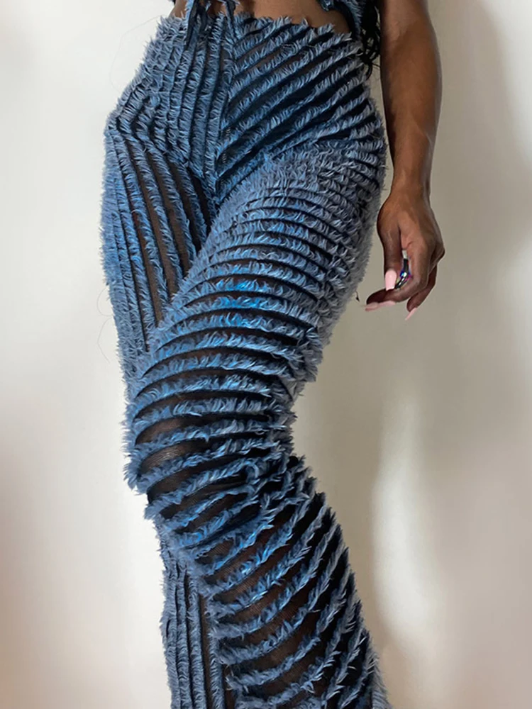Sibybo Women Fashion Trousers Sexy See-through Brushed Striped Flared Pants Autumn High Waist Hot Girl Trousers Women's Clothing