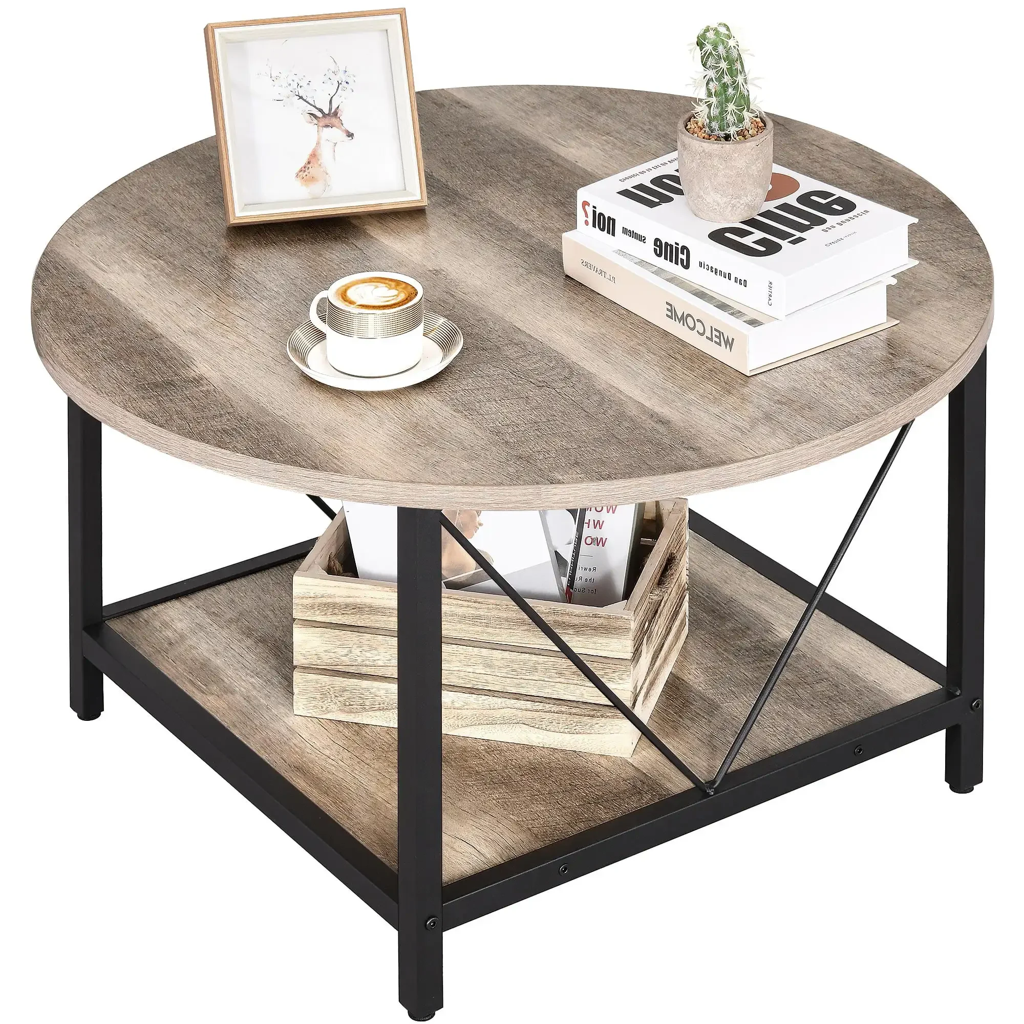 Round Coffee Table with Storage, Rustic Living Room Tables with Sturdy Metal Legs, OAK 5