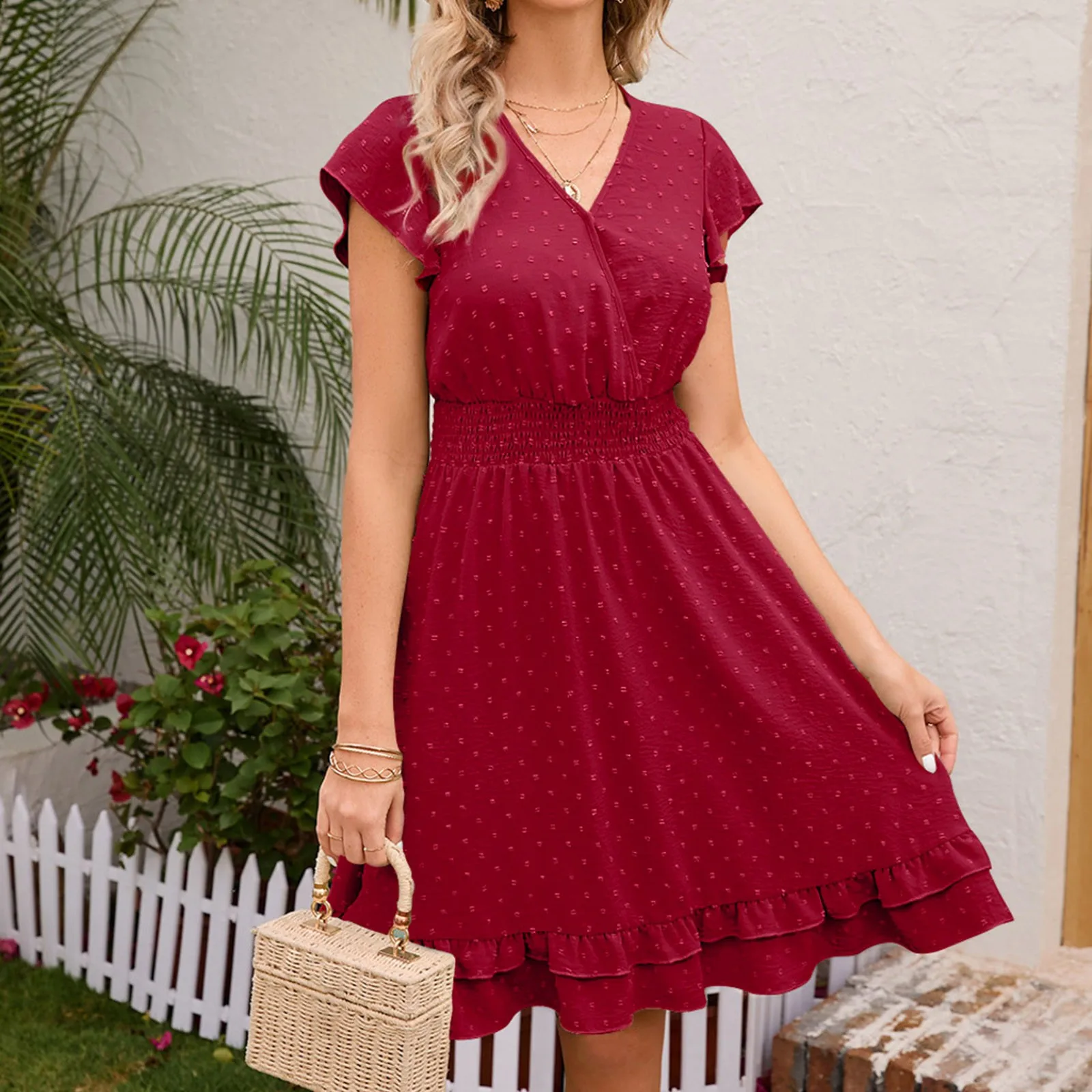 

Solid Color Loose Midi Ruffles Dresses For Women 2024 Summer Casual Women's Luxury Elegant Chic A-Line V-Neck Pullover Dress