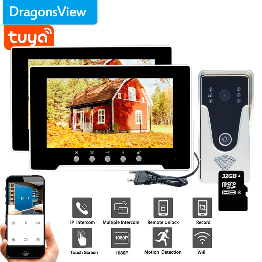 

Dragonsview 7 Inch WIFI Video Intercom Wireless Video Door Phone with Lock Tuya Smart RFID Doorbell Camera Remote Motion