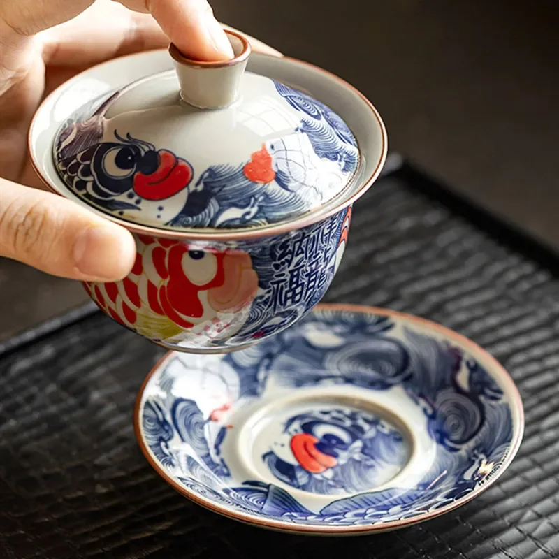 130ml Chinese Blue and White Ceramic Tea Tureen Handmade Fish Gaiwan Beauty Tea Infuser Teacup Household Bowl Teaware