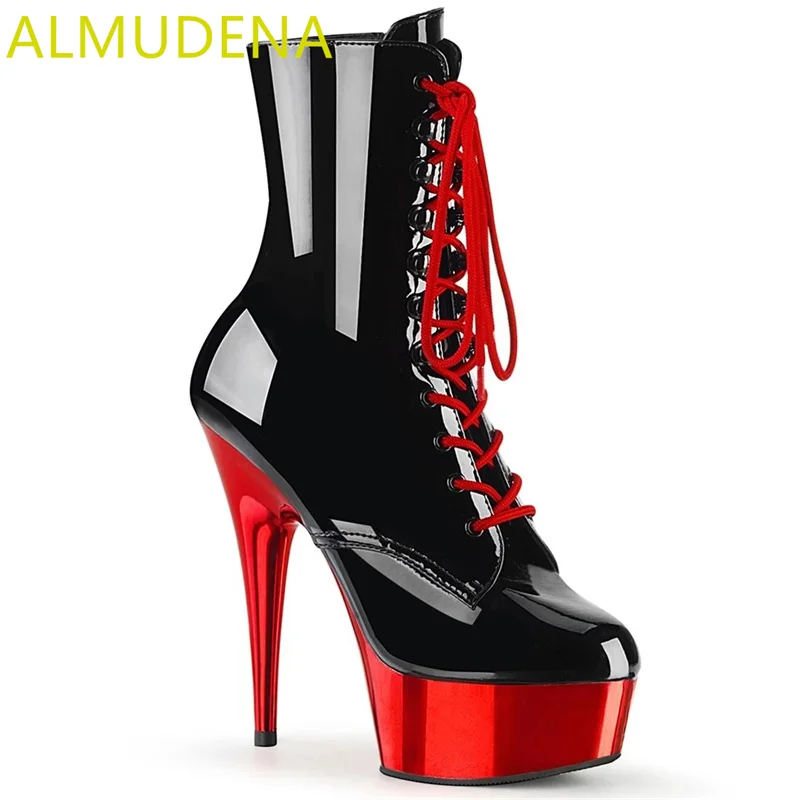 

Super High Thin Heel Round Toe Platform Women Boots Cross Tied Bow Side Zip Pole Dance Mature Sexy Shoes Adults Sexy Short Shoes