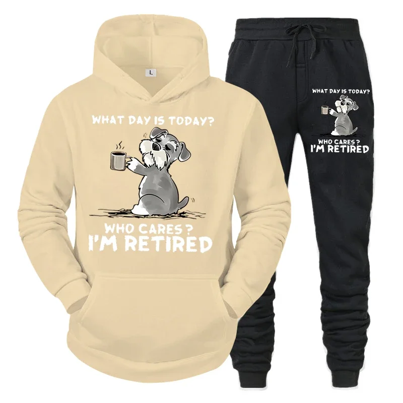 thumbnail image 1 of Conjunto de chándal para hombre nuevo "¿Qué día es hoy? ¿A quién le importa?" Sudadera con capucha y pantalón con estampado divertido de perro y café, conjunto de 2 piezas de pantalones de manga larga, 1 of 5