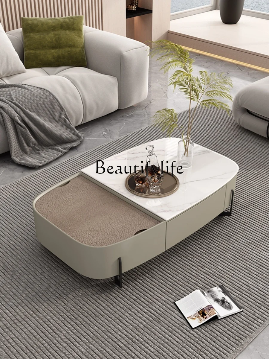 

Italian Minimalist Oval Lifting Tea Table Combination Living Room Light Luxury Designer Microlite Tea Table