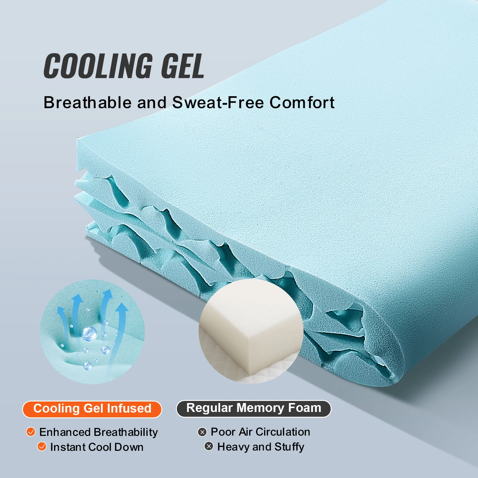 VEVOR Mattress Topper Queen Size 2" / 3" Thickness Soft Memory Foam Mattress Pad, Cooling Gel Infusion Comfy Support for Any Bed