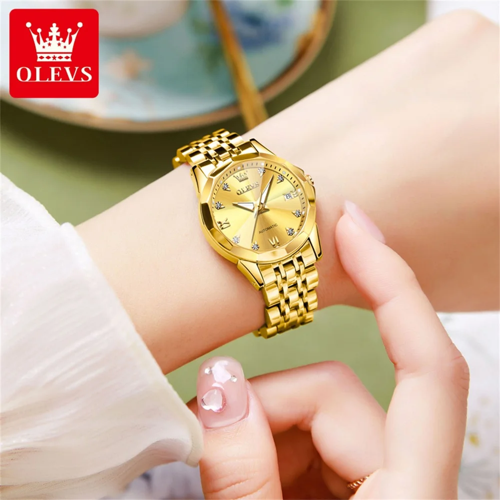 OLEVS 9982 Automatic Watch Rhombus Mirror Mechanical Couple Watches Date Stainless Steel Luxury Waterproof Luminous Wristwatch
