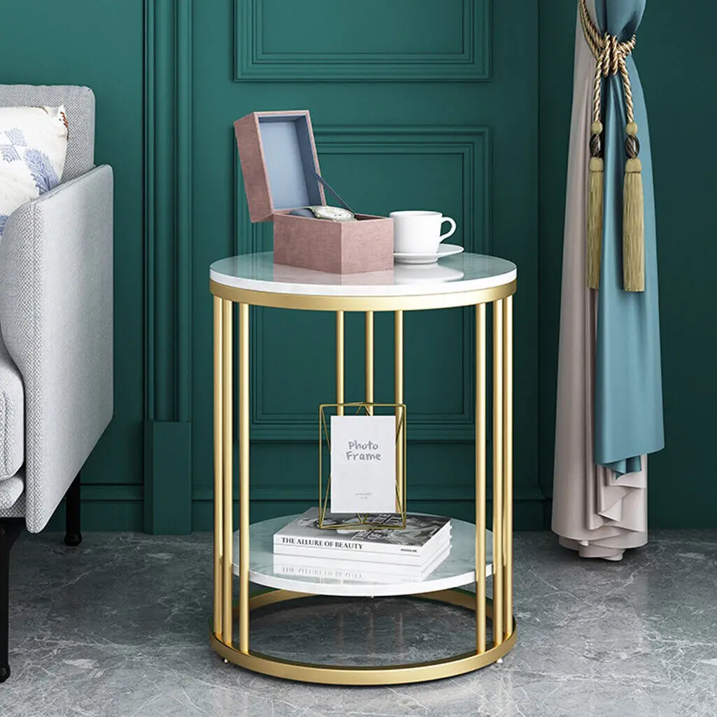 2-Tier White Marble Side Table Round Coffee Table Nightstand Jewellery Storage — view 2