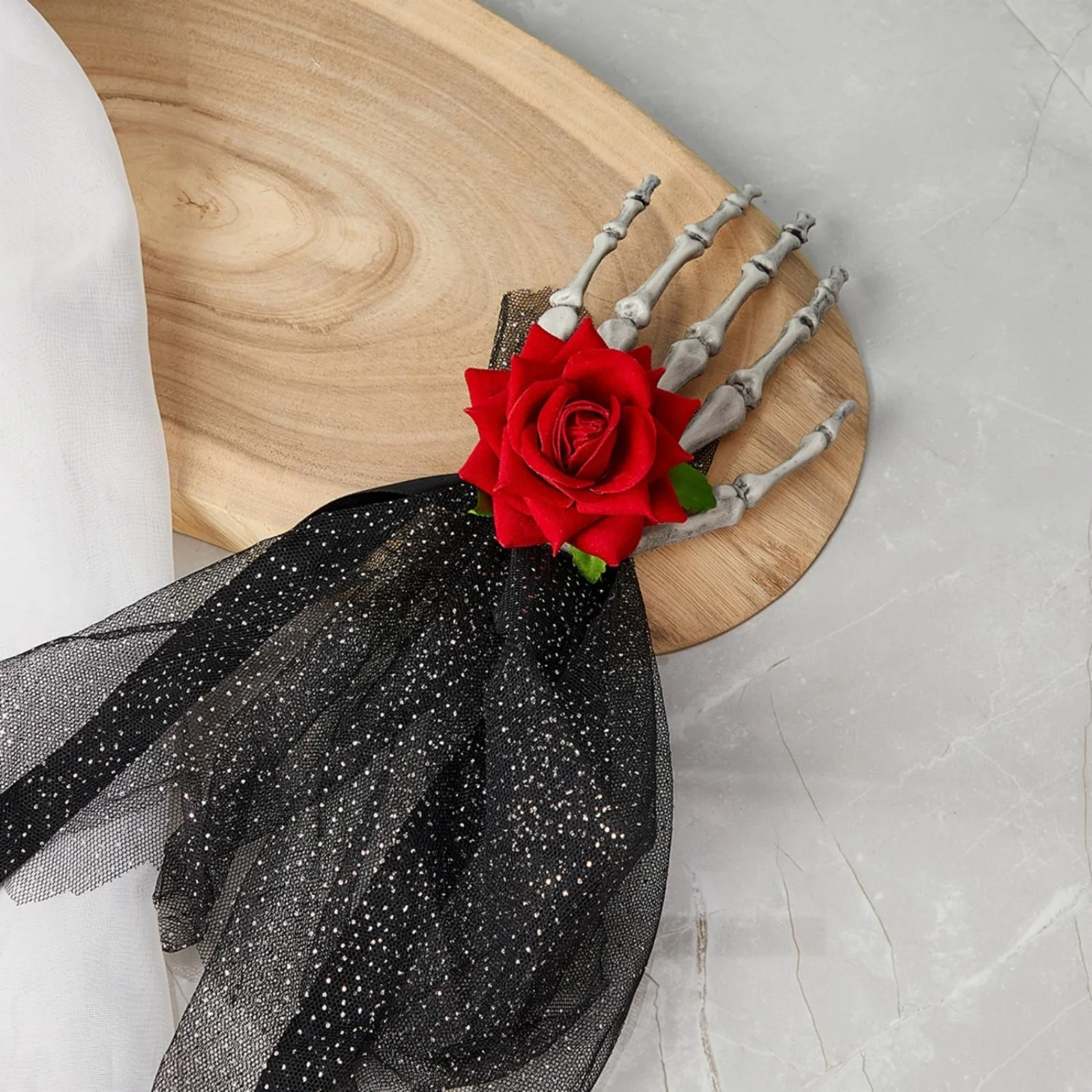 1PC Halloween Skeleton Hand Hair Clip: Gothic - Style Accessory With Rose & Black Veil, Spooky Hairpin For Party, Cosplay