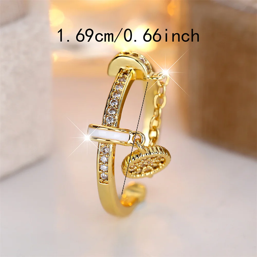 White Zircon Tassel Pendant Chains Opening Rings For Women Vintage Gold Color Engagement Wedding Jewelry Bridal Accessory Gifts