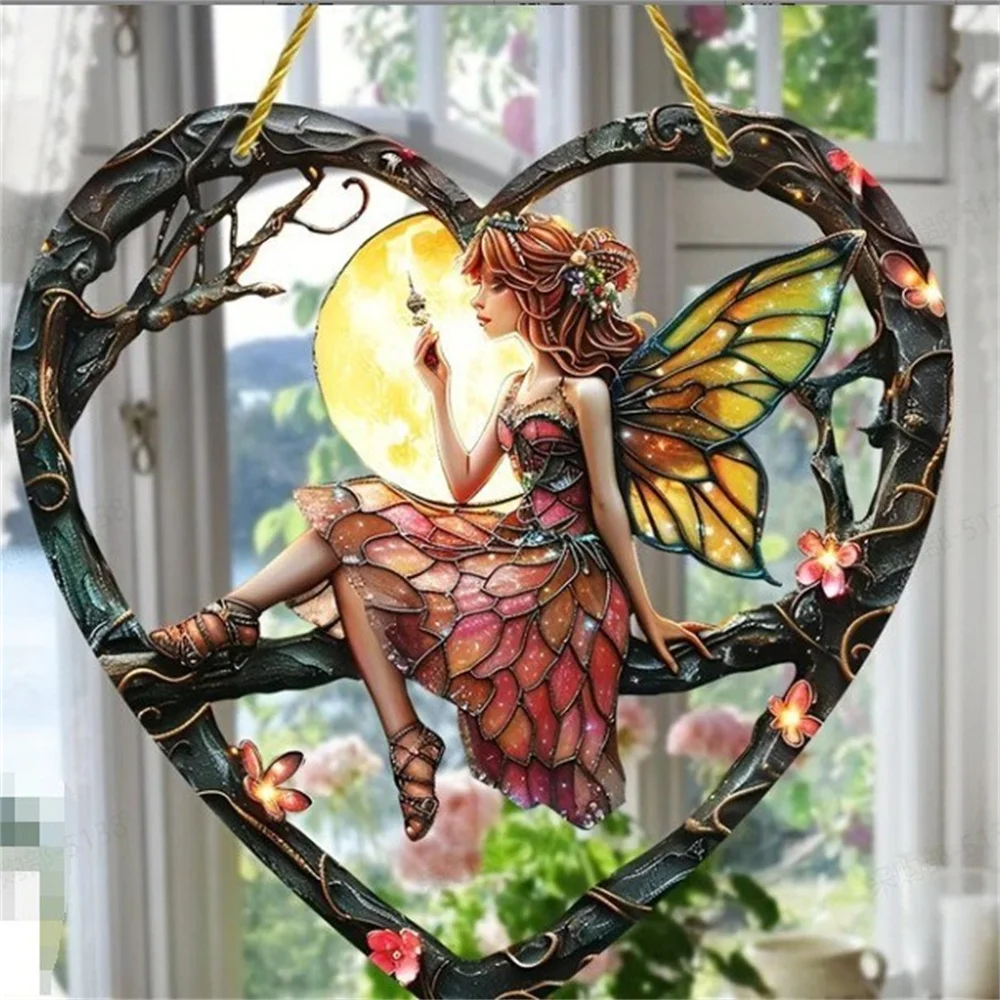 Fairy Angel Colorful Art Flower Suncatcher Stained Window Hanging Heart Shape Acrylic Pendant For Home Garden Yard Decoration 2