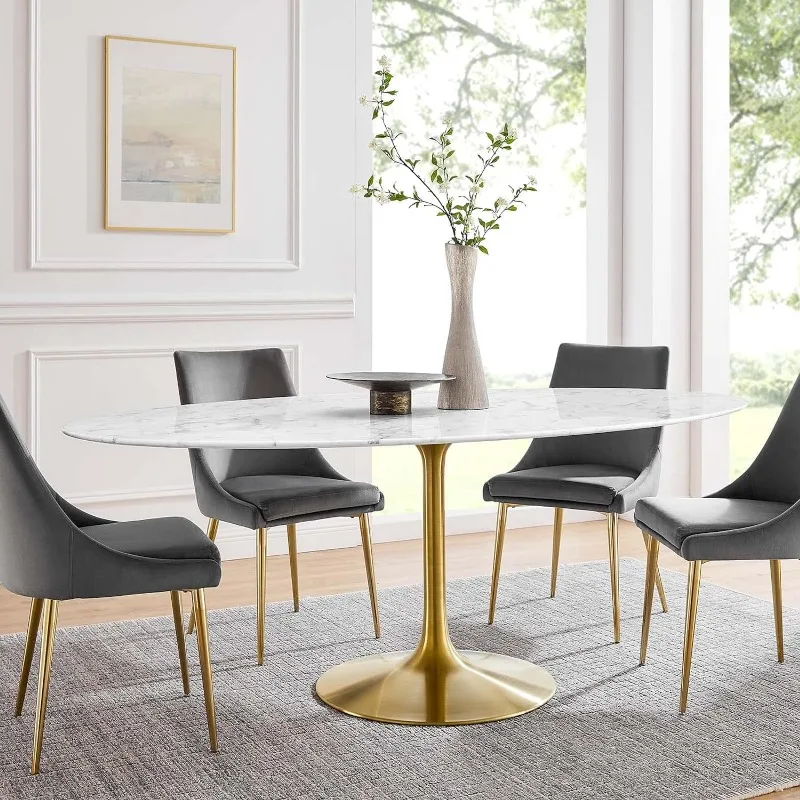 

Oval-Shaped Mid-Century Modern Center Dining Table With Artificial Marble Top Drinks Bar Table Luxury Dining Set Furniture