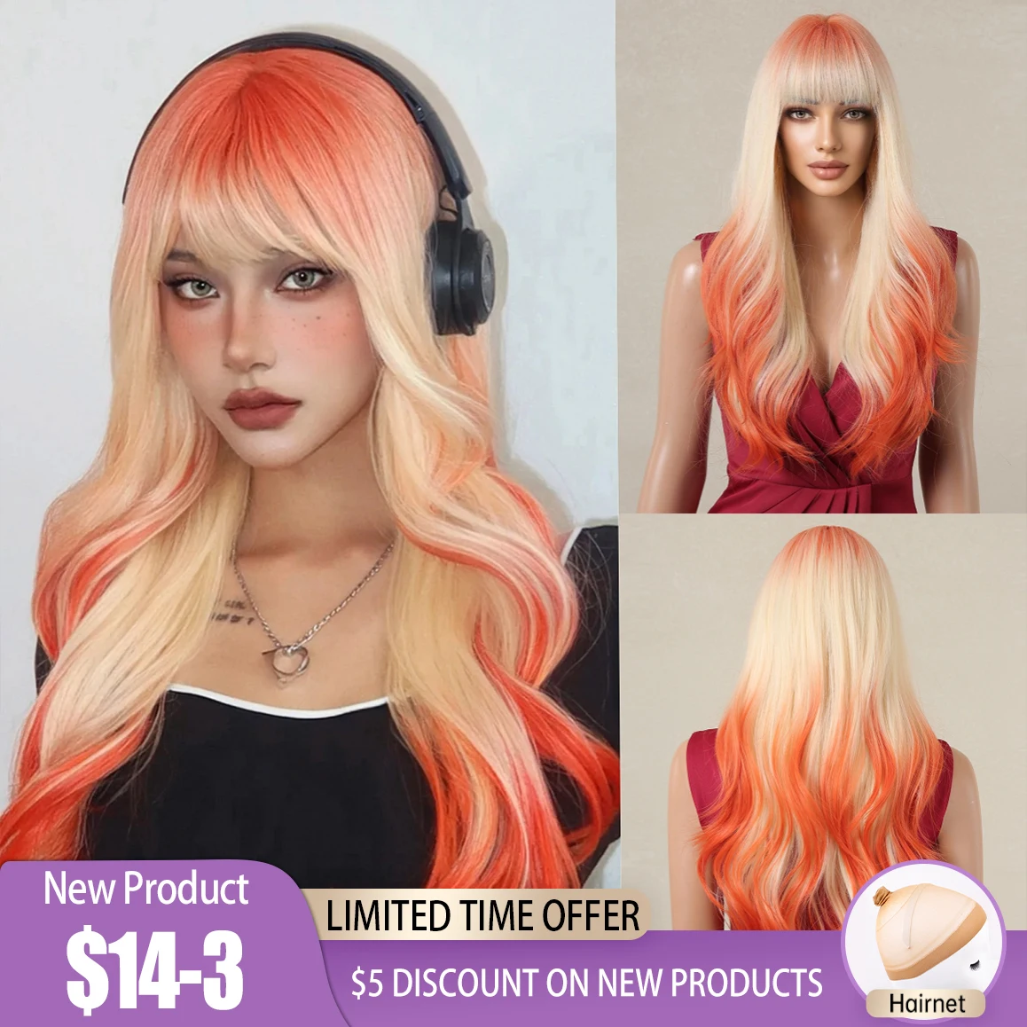 

Blonde to Orange Wavy Synthetic Wigs Ombre Long Colorful Party Cosplay Wig for Women Use High Temperature Hair High Density Wig