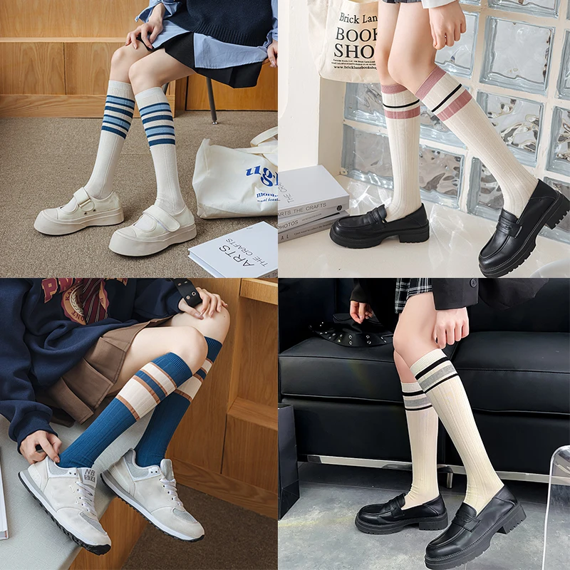 

Autumn Winter Ins Fashion For Woman Gradient Striped Colorful Retro Calf Socks Cotton High Tube Soft Sport Women's Casual Sox