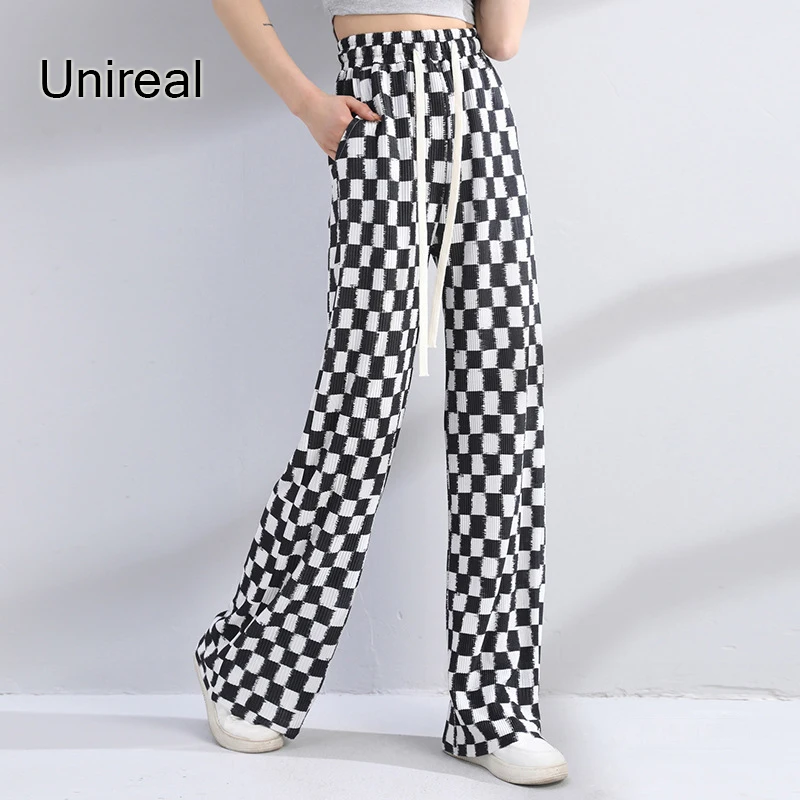 

Unireal 2022 Spring Autumn Women Plaid High Waist Black Drawstring Korean Style Casual Wide Leg Pant Trousers