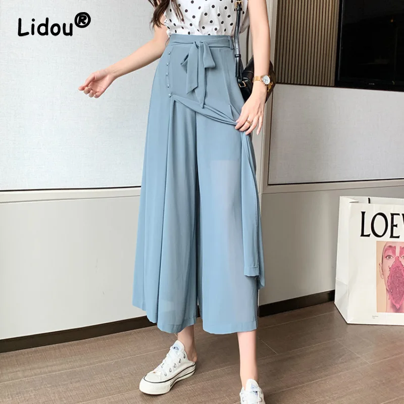 Thin Button Breathable Chiffon Wide Leg Pants Women's Summer New  Classic Straight Tube Draped Flowing Lady Pants Skirt 10x woven tassel belt lady braided belt self tie thin chain waist bow tie rope decorated waist highquality clothes accessories