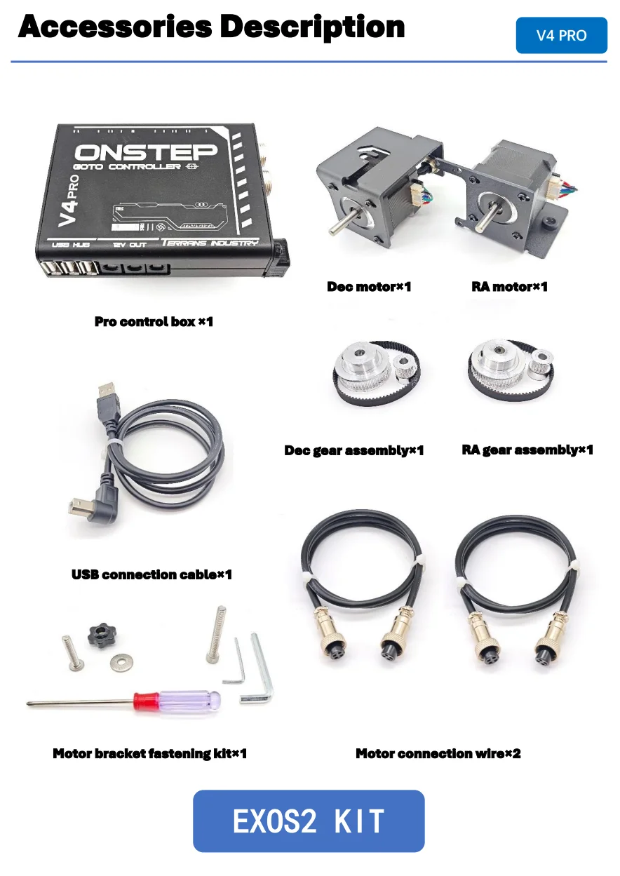 Kit Mise à Niveau V4 Pour Monture EXOS2 Onstep - GOTO, Suivi Biaxial