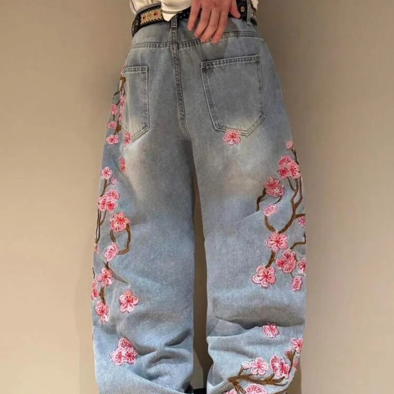 Cherry Blossom Selvedge Embroidery Denim Pants Y2K Retro Men Casual Baggy Straight Wide Leg Jeans High Quality Hiphop Streetwear