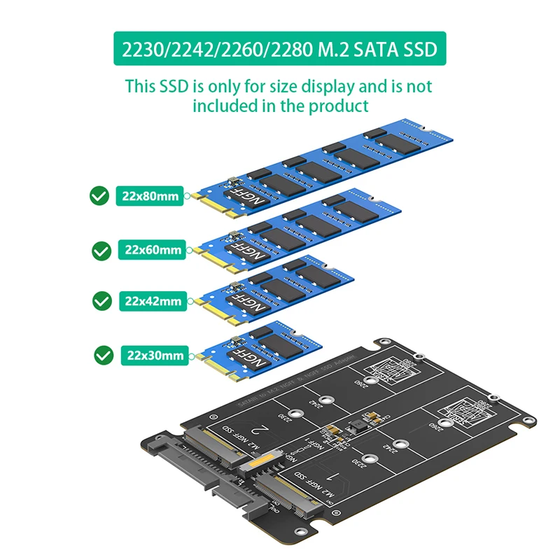 듀얼 포트 M.2 SATA 프로토콜 SSD - SATA 시리얼 포트 어댑터 보드 2x M.2 B 키 - SATA3.0 2.5인치 확장 카드 라이저 (케이스 포함)