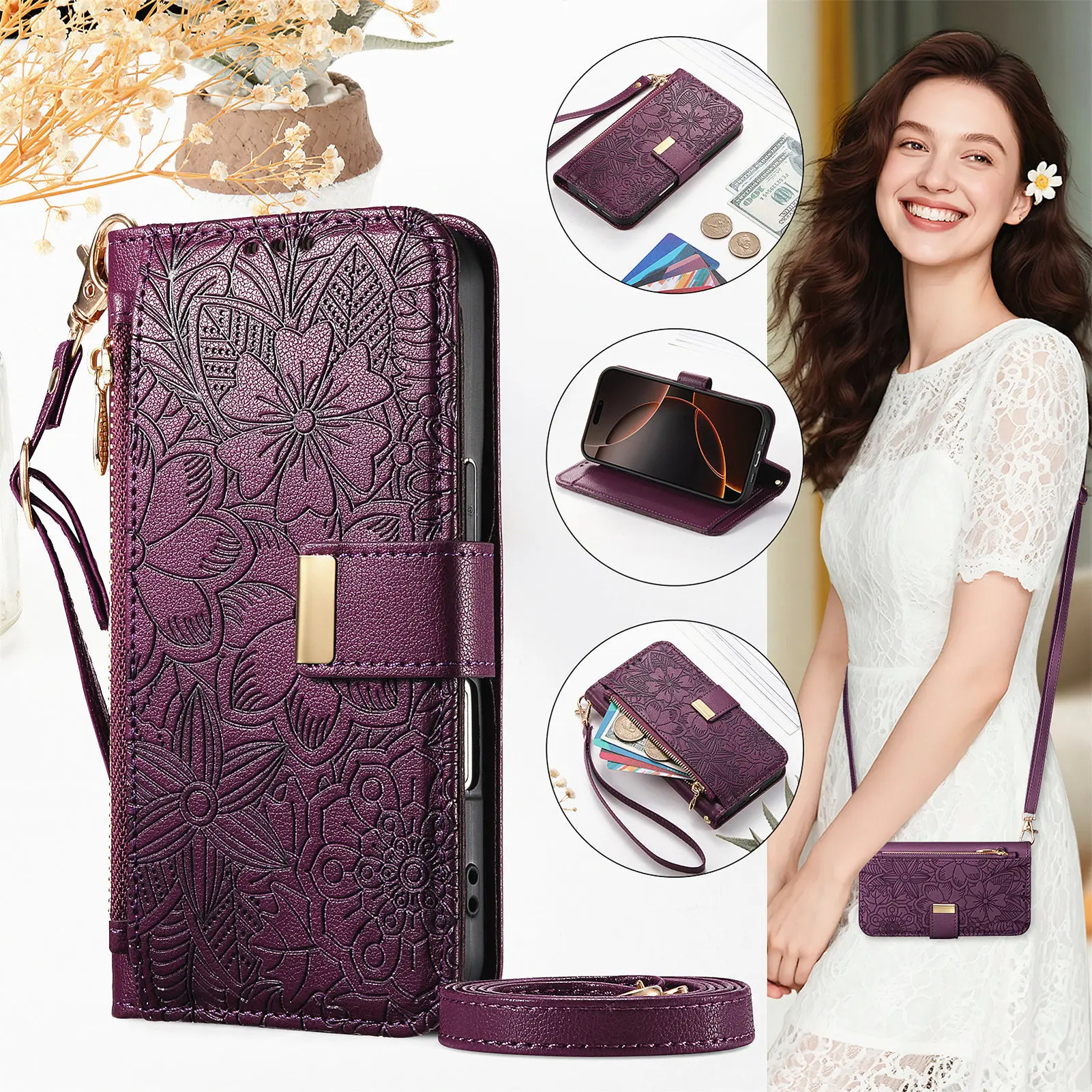 PU Leather Zipper Crossbody Wrist Strap Flip Wallet Card Slot Phone Case Cover