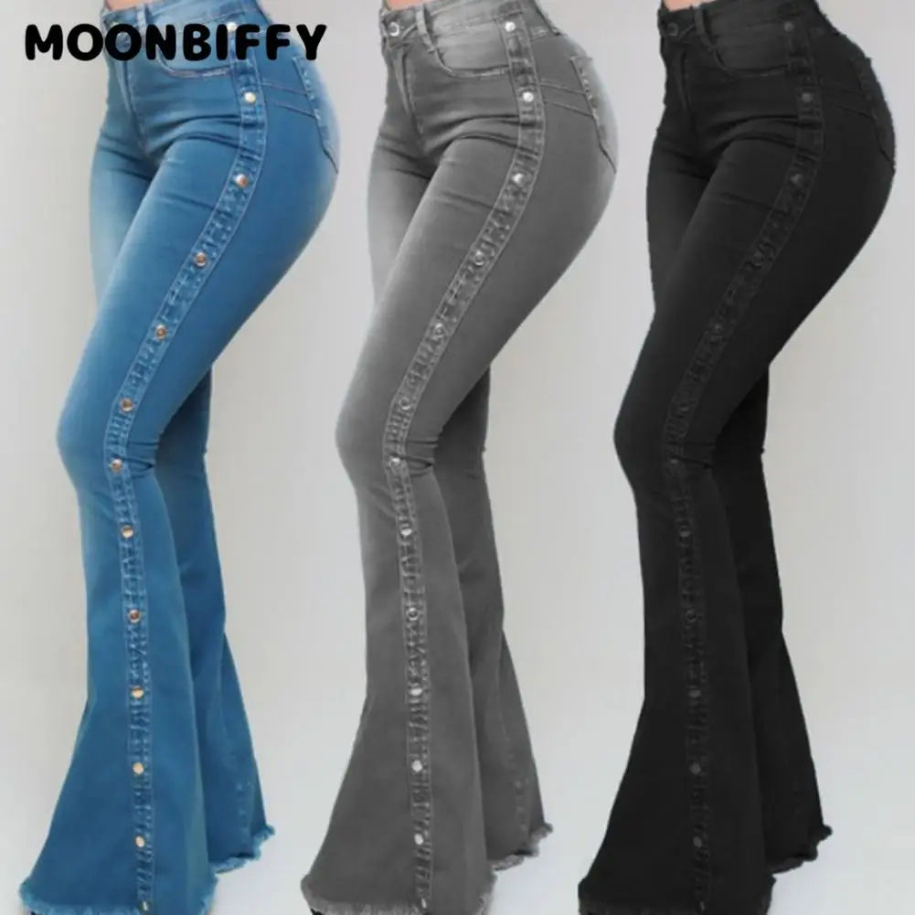 

Mid Waisted Stretch Flare Jeans Women Denim Pants Wide Leg Butt-lifted Casual Korean Style Skinny Bell Bottom Pocket Trousers