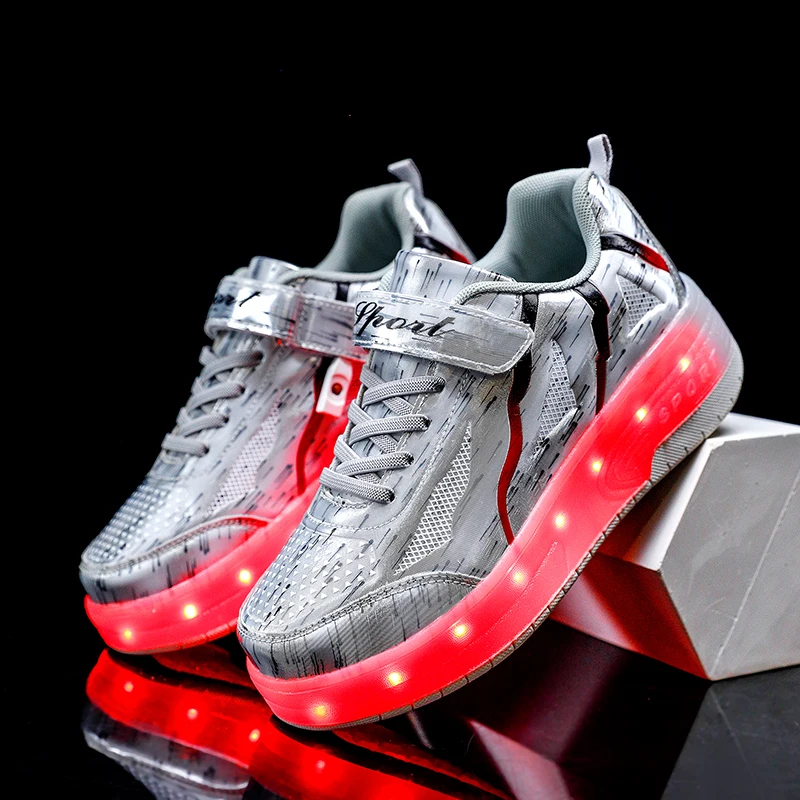 Designer Luxe Kinderen Twee Wielen Lichtgevende Gloeiende Sneakers Led Licht Rolschaats Schoenen Kids Jongens Meisjes Usb Opladen Sneakers