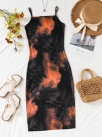 Robe longue marron tie-dye pour filles, bretelles spaghetti, détail nœud, fente latérale, robe de plage pour vacances d'été 3