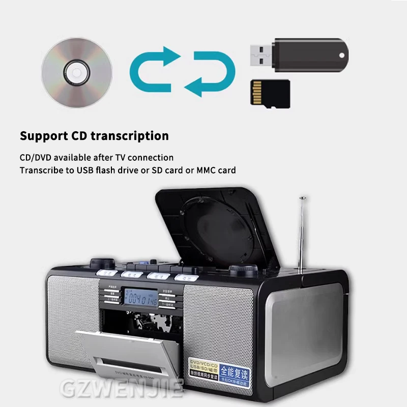 CD Player Cassette Player Combo AM FM Radio Plays AUX USB MP3 Stereo Sound Remote Control Tape Recording AC/DC Powered