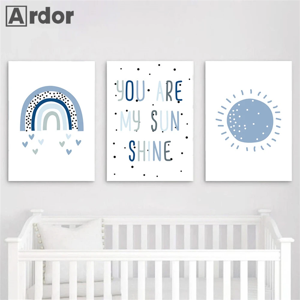 

Blue Cartoon Sun Wall Poster Nursery Print Picture Rainbow Canvas Painting Quotes Posters Nordic Wall Pictures Boys Room Decor