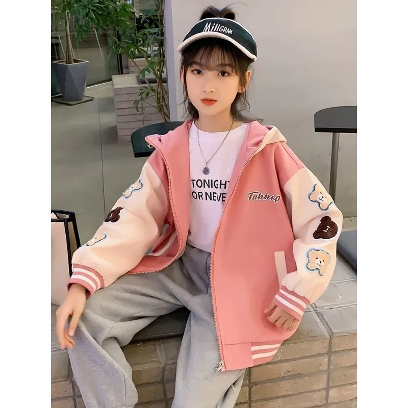 

2023 Teen Girls Spring Autumn Fashion Jackets Kids Baseball Uniform Children Sport Coat Loose Students Casual Outerwear 5-14 Yrs