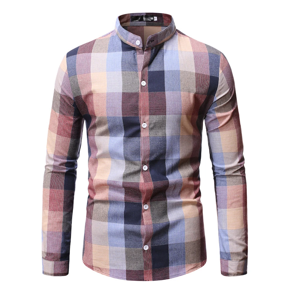 

Men\\'s Long Sleeve Shirt Colorblock Plaid Stand Collar Button Down Blouse Stylish Tops for Casual Fashion Pink Green