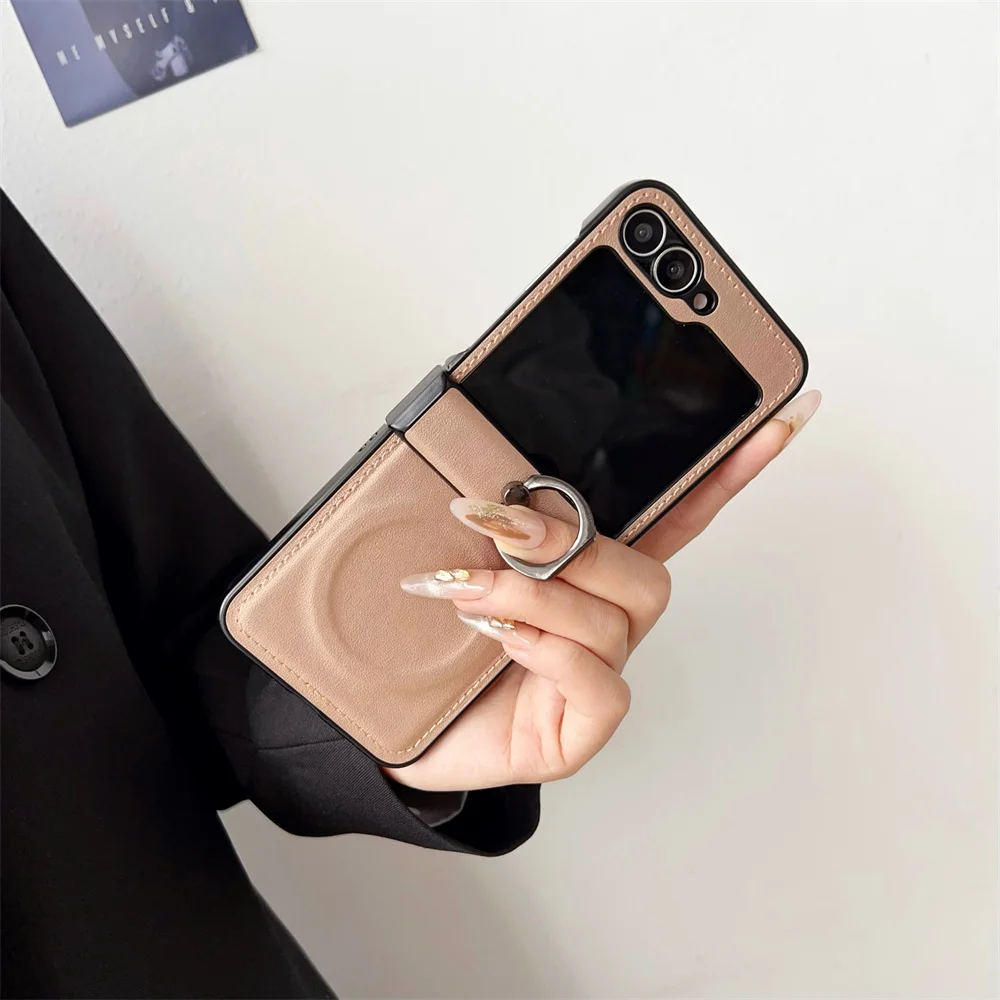 Enhanced Leather Magnetic Ring Holder Phone Case with Stand - Shockproof Cover for Samsung Z Flip Series