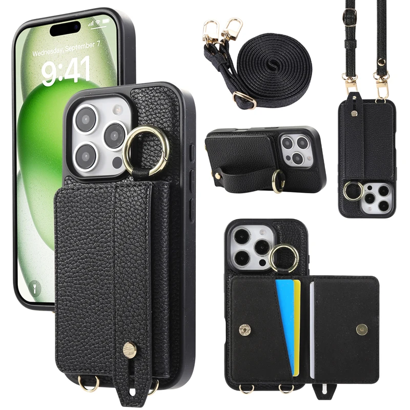 Luxury PU Leather Wristband Case with Lanyard and Card Holder, All-Around Shockproof Design