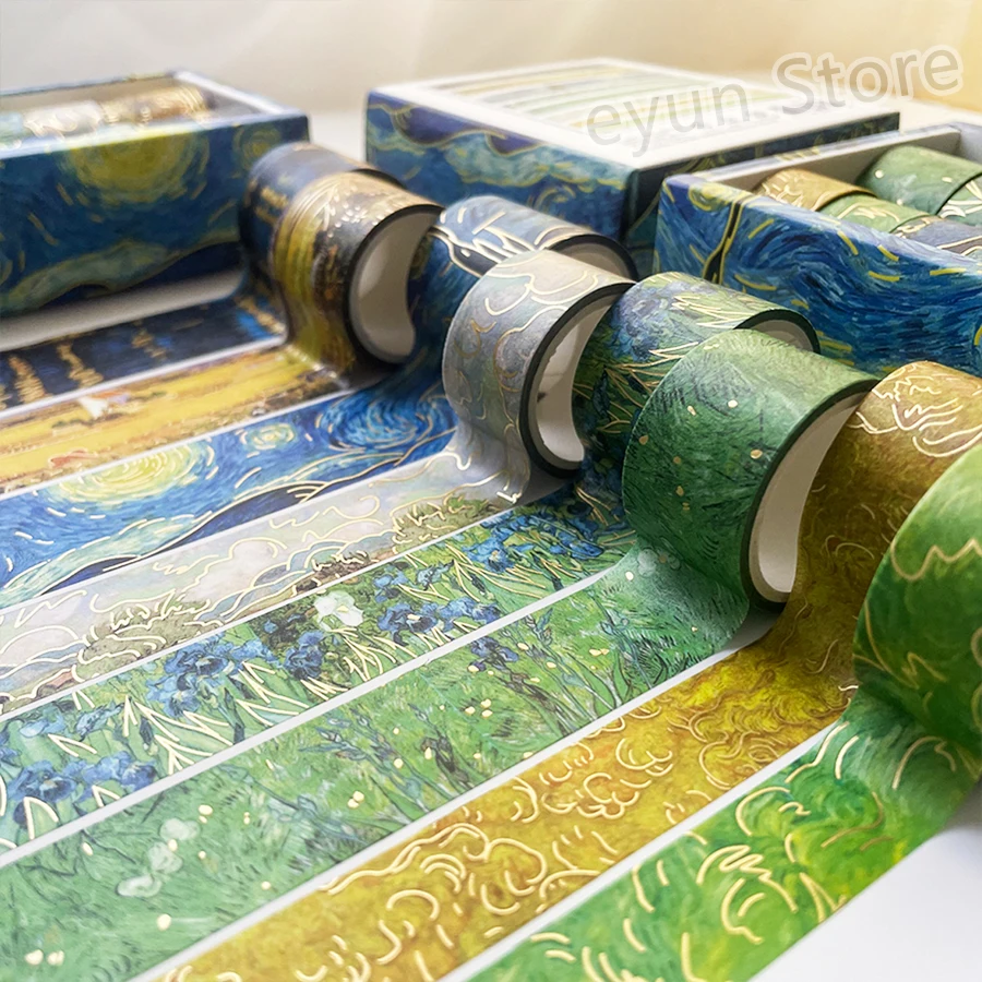 반 고흐 유화 시리즈 Washi 테이프 세트 골드 스탬핑 장식 접착 테이프 마스킹 테이프 스크랩북 일기 스티커