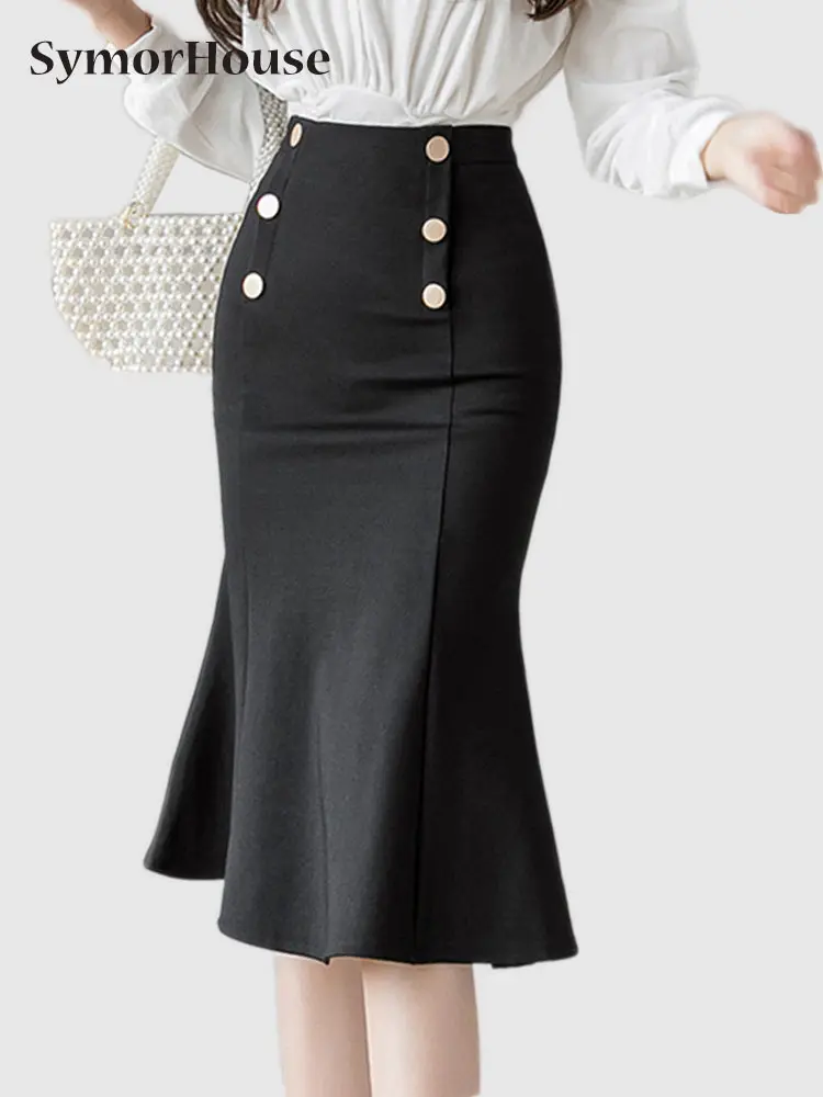 

High Waist Red Pencil Skirts Womens Spring Summer Elegant Korean Office Ladies Black Double-Breasted Mermaid Skirts Female